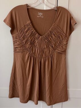 Dressbarn Brown Ruched Babydoll Top Medium Y2K Empire Waist V Neck